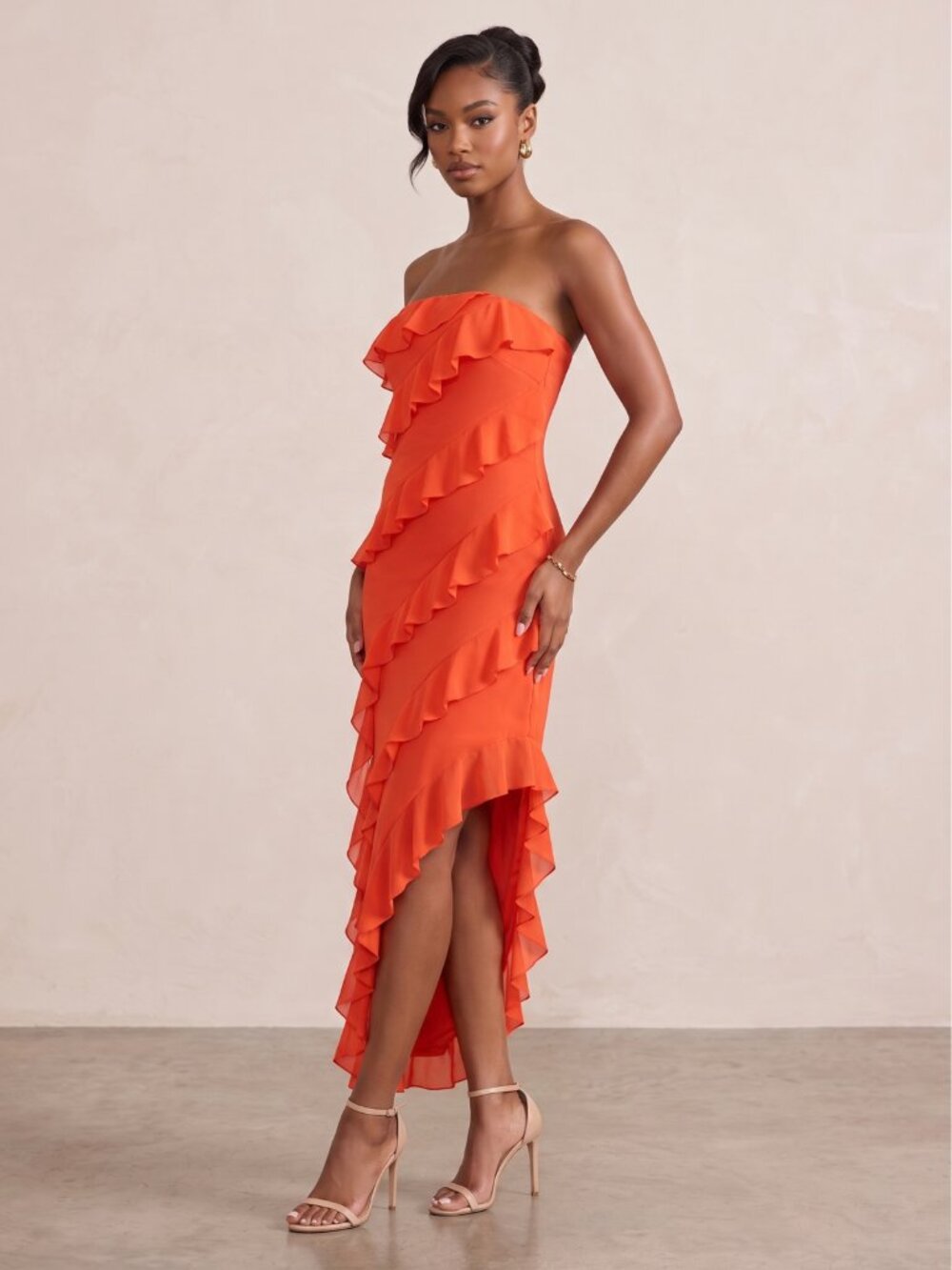 NWT PrettyGarden Orange Strapless Asymmetrical Ruffle Midi Dress Medium